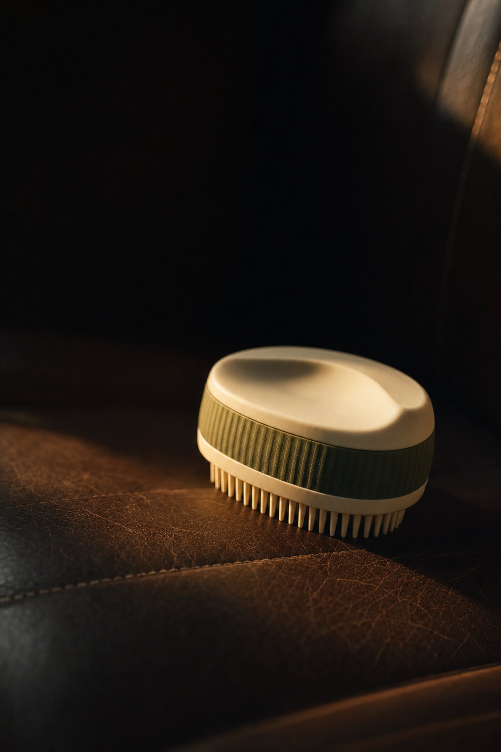 A silicone pet-hair tool resting on a leather seat, side-lit at golden hour.